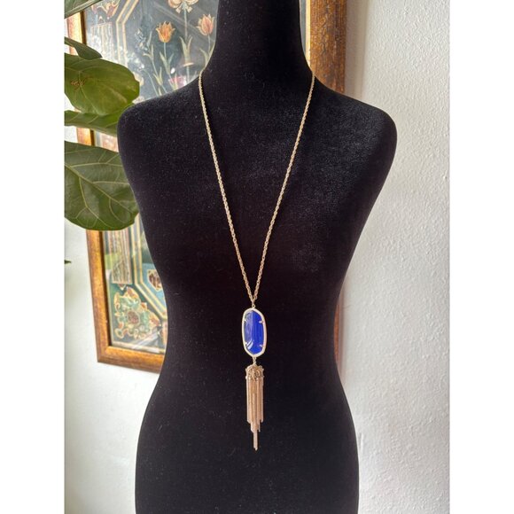 Kendra Scott Rayne Gold Necklace Cobalt Blue Gemstone Oval Pendant & Tassel 30” - Picture 1 of 8